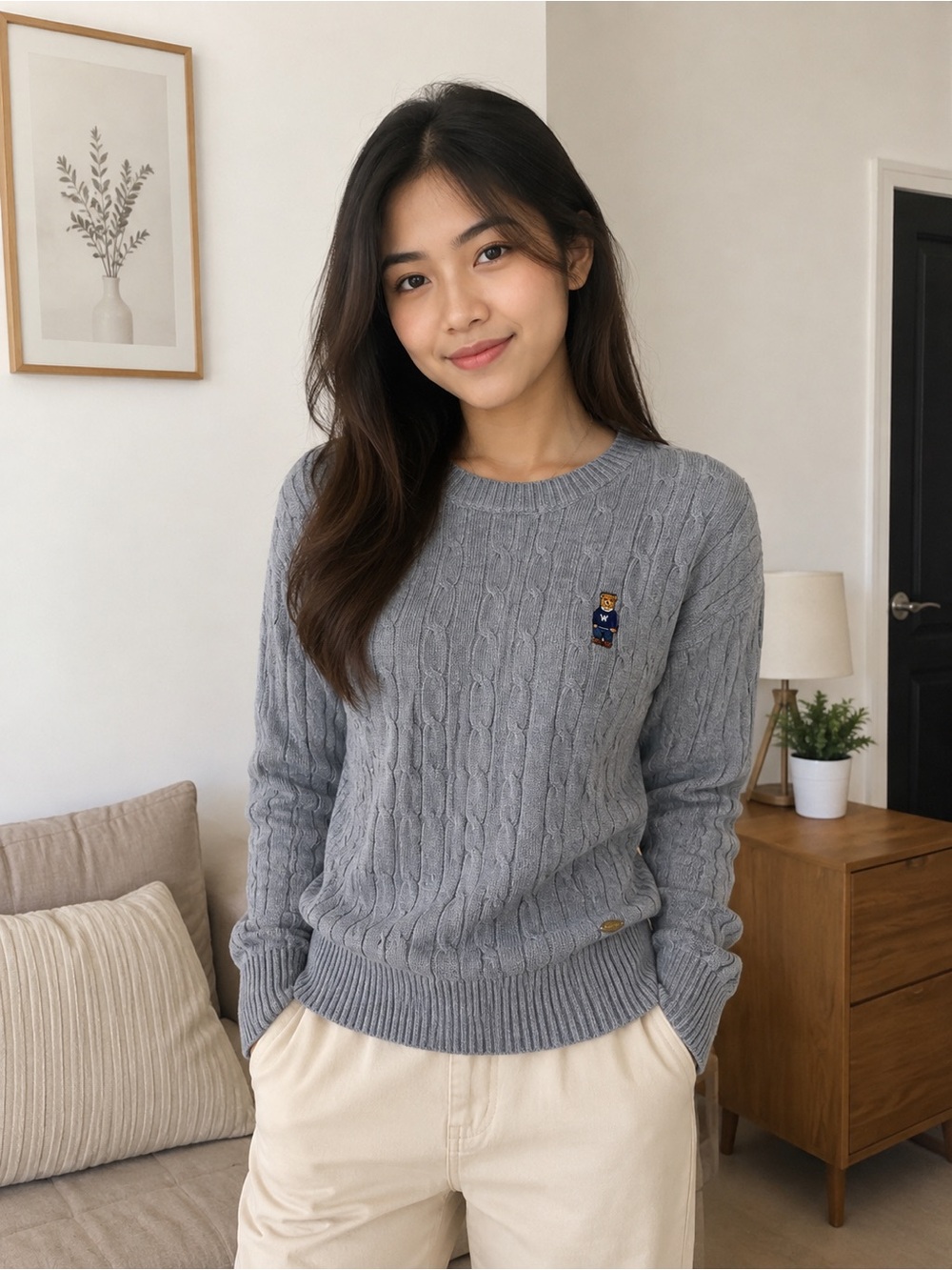 Classic Gray Cable-Knit Crewneck Sweater with Embroidered Logo